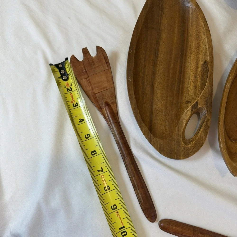 Vintage Lot Of 7 MCM Monkey Pod Wood Serving Trays‎ Bowls Spoon Fork